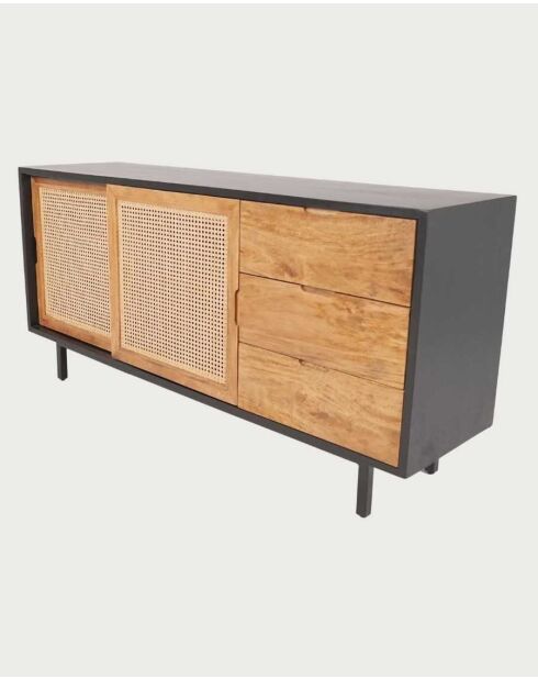 Großes Sideboard aus Holz, Zuckerrohr und schwarzem Metall Noma - 160 x 43 x 76 cm