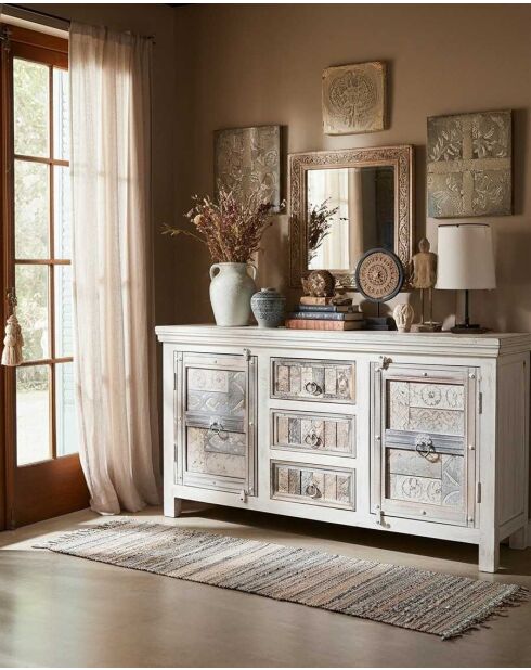 Credenza bianca a 2 ante in legno massello, Viva - 170 x 45 x 90 cm