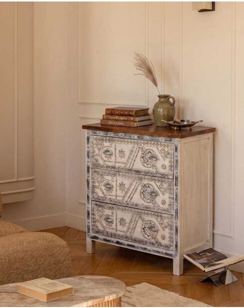 Commode en bois massif sculpté Blossom blanche - 85 x 43 x 94 cm