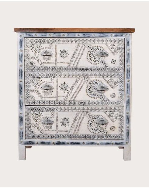 Commode en bois massif sculpté Blossom blanche - 85 x 43 x 94 cm
