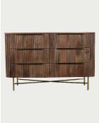 Cómoda de 6 cajones en madera de mango con acabado en nogal y metal dorado Tana - 133 x 45 x 85 cm