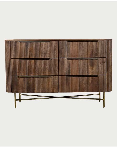 Commode 6 tiroirs en bois de manguier finition noyer et métal doré Tana - 133 x 45 x 85 cm