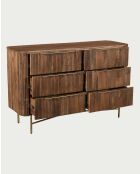 Cómoda de 6 cajones en madera de mango con acabado en nogal y metal dorado Tana - 133 x 45 x 85 cm