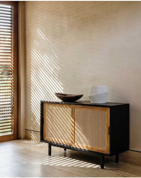 Petit buffet en bois, cannage et métal noir Noma - 100 x 43 x 76 cm