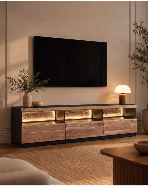 Meuble TV en bois d'acacia avec éclairage LED Leo - 180 x 40 x 50 cm
