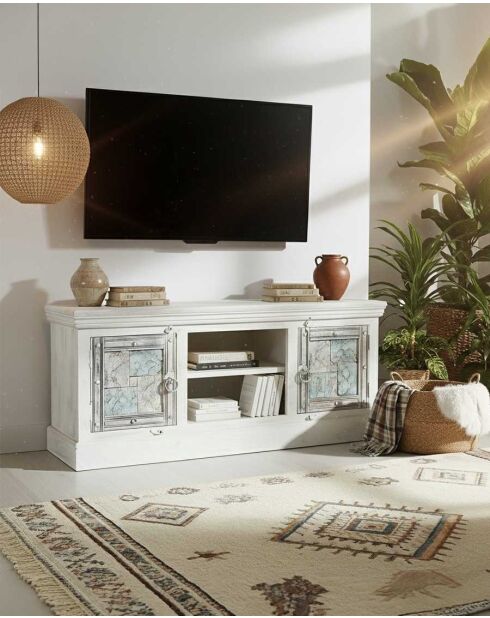 Meuble TV en bois sculpté Viva blanc - 150 x 45 x 65 cm
