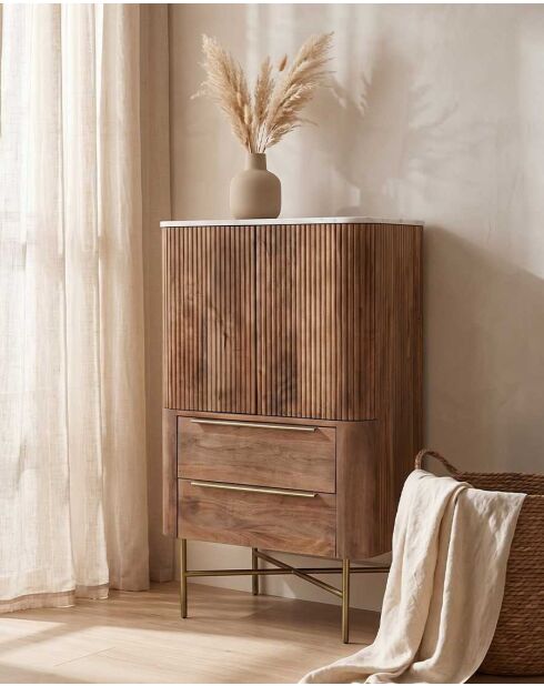Commode haute en bois massif de manguier et marbre blanc, 2 portes et 2 tiroirs Tana - 69 x 40 x 107 cm