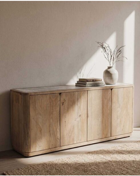 Niedriges Sideboard aus massivem Mangoholz und natürlichem Aven-Travertin - 180 x 45 x 75 cm