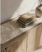 Buffet bas en bois de manguier massif et travertin Aven naturel - 180 x 45 x 75 cm