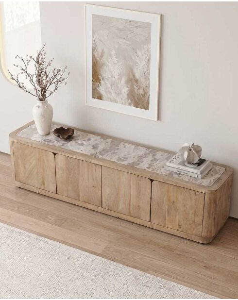 Meuble TV en manguier massif et travertin Aven - 160 x 40 x 40 cm