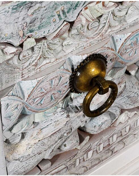 Comodino a 1 anta in legno massello di mango intagliato Viva - 50 x 71 x 35 cm