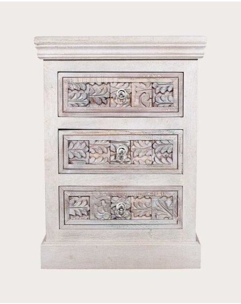 Comodino Viva a 3 cassetti in legno di mango massiccio intagliato - 54 x 35 x 75 cm
