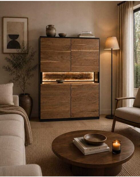 Buffet haut en bois d'acacia avec éclairage LED Leo - 100 x 40 x 147 cm