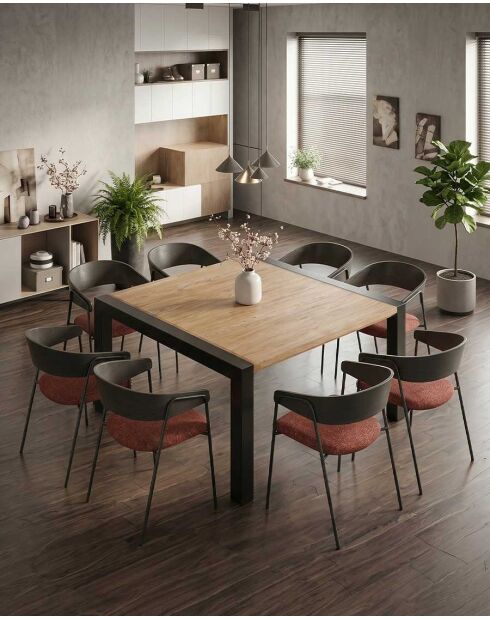 Vierkante eettafel in massief teakhout en metaal L130 cm 8 pers. Bruine boog - 130 x 130 x 76 cm