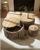 Set aus drei Tischen aus massivem Teakholz und Bananengeflecht mit natürlichem Yuda-Stauraum — 90 x 90 x 42 cm/60 x 60 x 42 cm/40 x 40 x 42 cm/40 x 40 x 42 cm