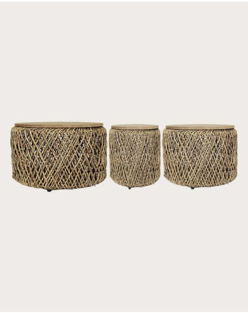 Set aus drei Tischen aus massivem Teakholz und Bananengeflecht mit natürlichem Yuda-Stauraum — 90 x 90 x 42 cm/60 x 60 x 42 cm/40 x 40 x 42 cm/40 x 40 x 42 cm