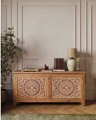 Buffet bas 4 portes en teck sculpté Oba naturel - 180 x 45 x 86 cm