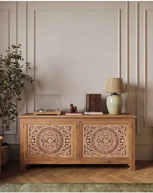 Buffet bas 4 portes en teck sculpté Oba naturel - 180 x 45 x 86 cm