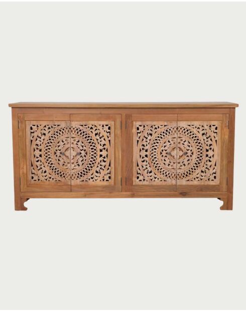 Buffet bas 4 portes en teck sculpté Oba naturel - 180 x 45 x 86 cm