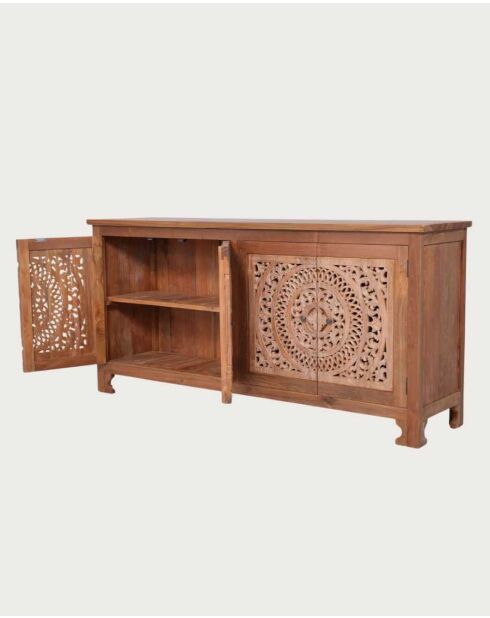 Buffet bas 4 portes en teck sculpté Oba naturel - 180 x 45 x 86 cm