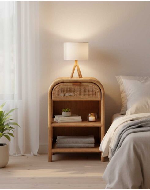 Comodino Tiraya in legno e rattan naturale - 42 x 35 x 65 cm