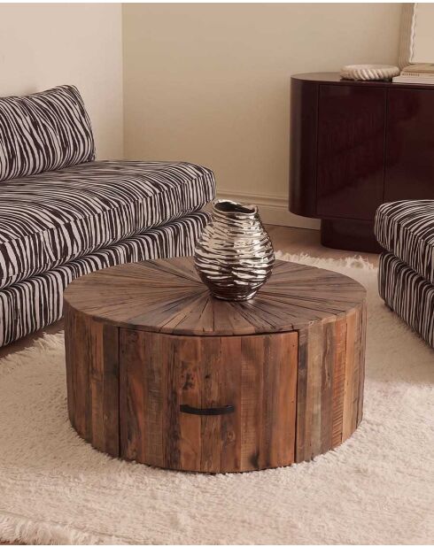 Runder Couchtisch aus massivem Mangoholz mit Mandala-Schublade - 80 x 80 x 36 cm
