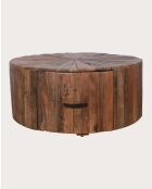 Runder Couchtisch aus massivem Mangoholz mit Mandala-Schublade - 80 x 80 x 36 cm