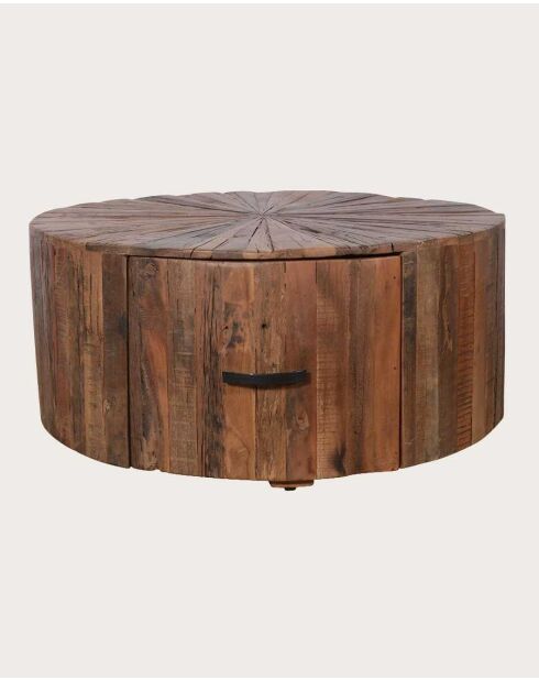 Runder Couchtisch aus massivem Mangoholz mit Mandala-Schublade - 80 x 80 x 36 cm