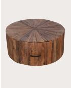 Runder Couchtisch aus massivem Mangoholz mit Mandala-Schublade - 80 x 80 x 36 cm