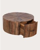 Runder Couchtisch aus massivem Mangoholz mit Mandala-Schublade - 80 x 80 x 36 cm
