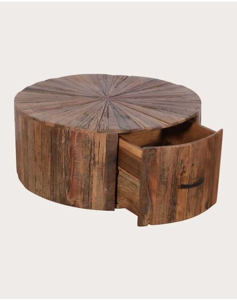 Runder Couchtisch aus massivem Mangoholz mit Mandala-Schublade - 80 x 80 x 36 cm