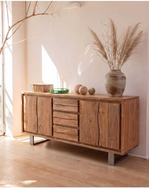 Niedriges Sideboard mit 4 Türen aus Akazienholz und Arvo-Metall, 170 x 40 x 80 cm