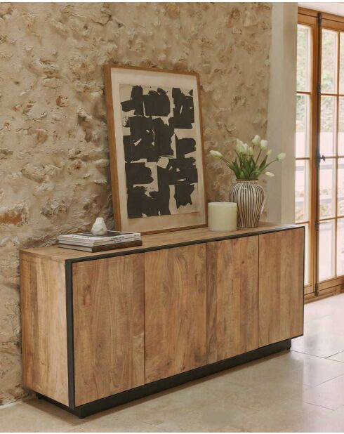 Koda Niedriges Sideboard aus Mangoholz und Metall, 4-türig, 187 x 52 x 87 cm