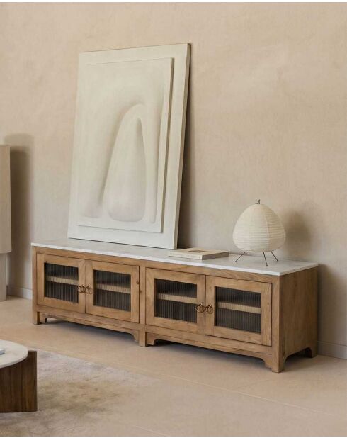 Meuble TV en manguier et plateau en marbre Noé - 160 x 40 x 50 cm
