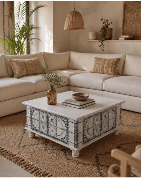 Tavolino da caffè Bharata in legno massello di mango intagliato bianco - 120 x 60 x 45 cm