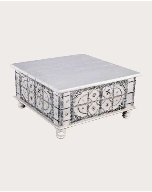 Tavolino da caffè Bharata in legno massello di mango intagliato bianco - 120 x 60 x 45 cm