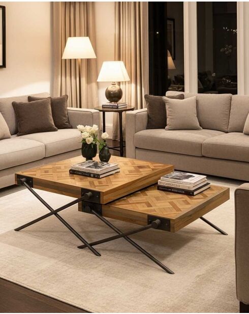 Mesa de centro cuadrada de teca con diseño de cheurones, color Loft Brown, 80 x 80 x 43 cm