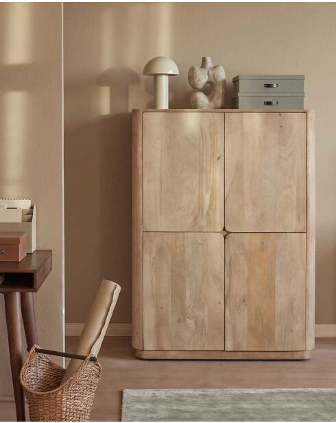 Kleine kledingkast Elio naturel met 4 deuren in massief mangohout - 100 x 40 x 137 cm