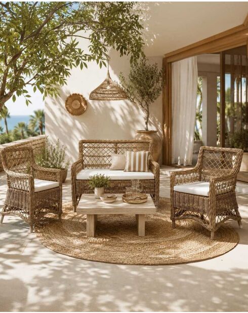 Salon de jardin en rotin avec 1 banquette et 2 fauteuils Asana - Banquette : 120 x 70 x 92 cm / Fauteuil : 60 x 70 x 92 cm