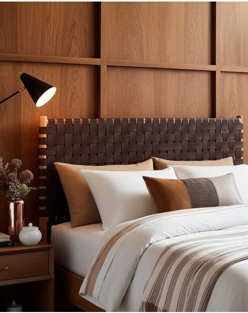 Tête de lit design en teck et en cuir tressé Kenza marron - 165 x 5 x 115 cm
