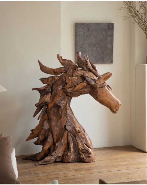 Sculpture déco tête de cheval en teck massif Horse naturel - 19 x 86 x 96 cm