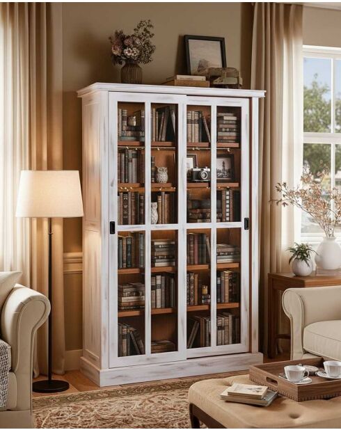 Bibliothèque blanche en bois massif à portes coulissantes Oxford - 120 x 40 x 180 cm