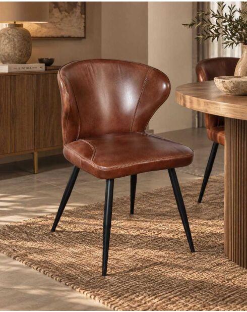 Chaise en cuir marron et métal Torré - 54 x 59 x 79 cm