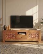 Porta TV in teak intagliato naturale Oba - 160 x 45 x 61,5 cm