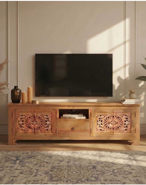 Meuble TV en teck sculpté Oba naturel - 160 x 45 x 61.5 cm