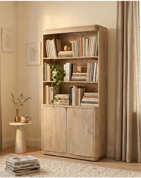 Bibliothèque 2 portes en bois de manguier massif Elio naturelle - 100 x 40 x 177 cm