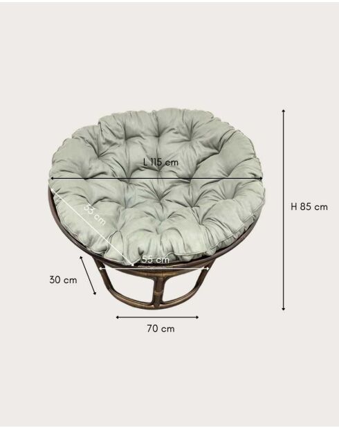 Fauteuil en rotin avec coussin Rattan Papasan naturel - 115 x 70 x 85 cm