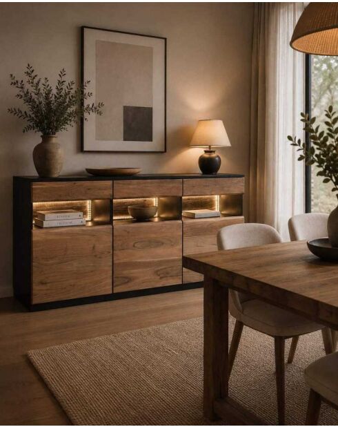 Buffet bas en bois d'acacia avec éclairage LED Leo - 180 x 40 x 93 cm