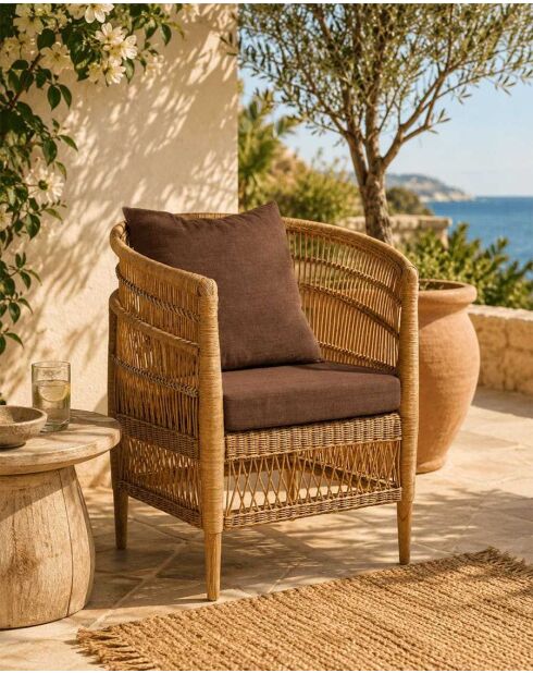 Fauteuil de jardin en rotin avec coussin d'assise amovible marron Lusso - 72 x 65 x 85 cm