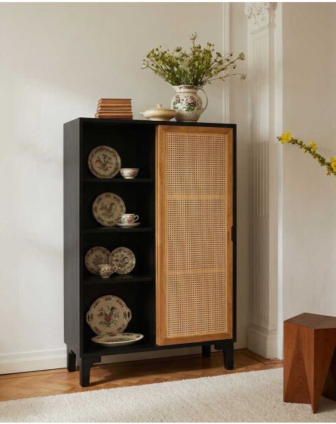 Kleine kleerkast van hout, riet en zwart metaal Noma - 100 x 43 x 150 cm